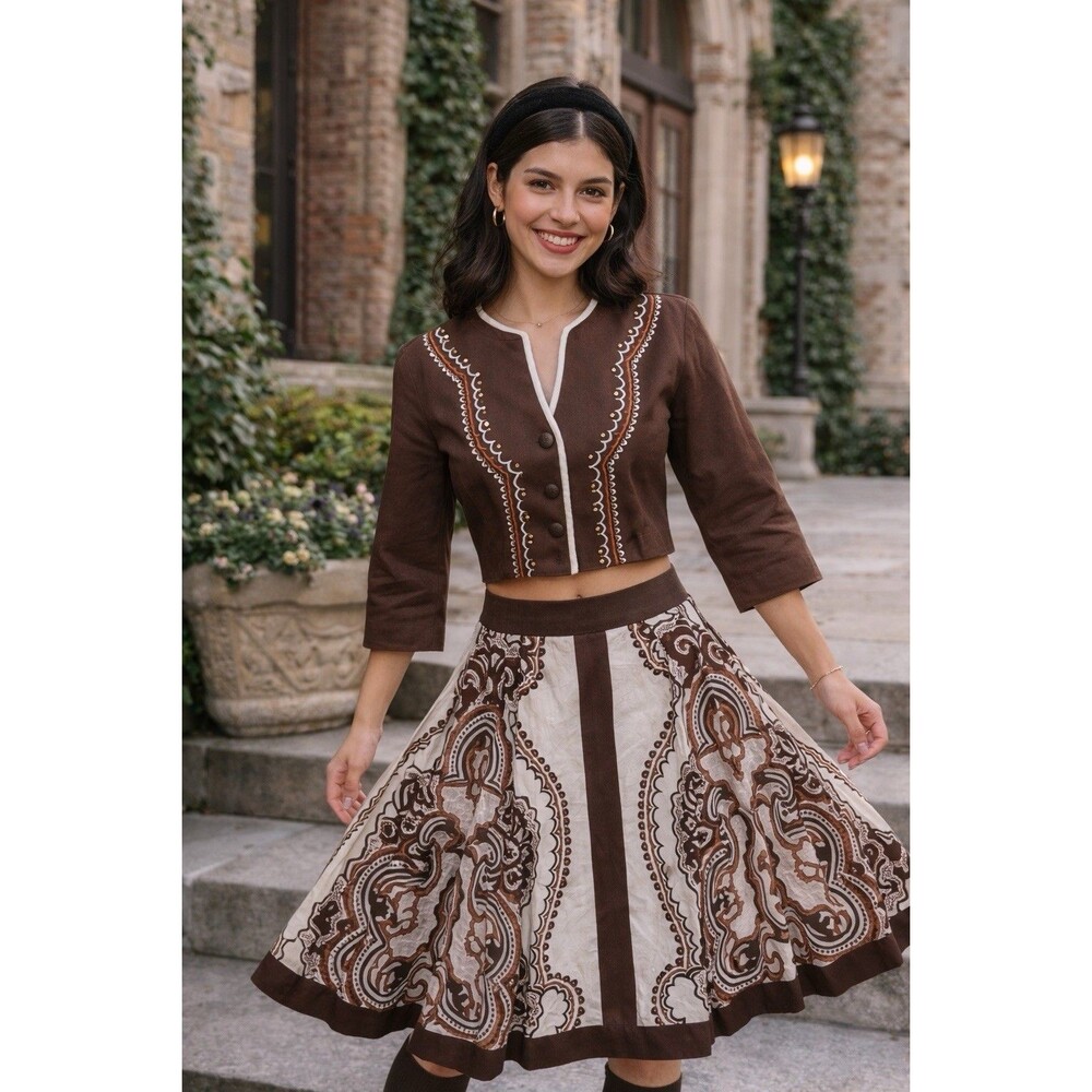 Ombre Brown Baroque Print 2 Pc Skirt Set Size 10 Cotton Mod Cottagecore Y2K